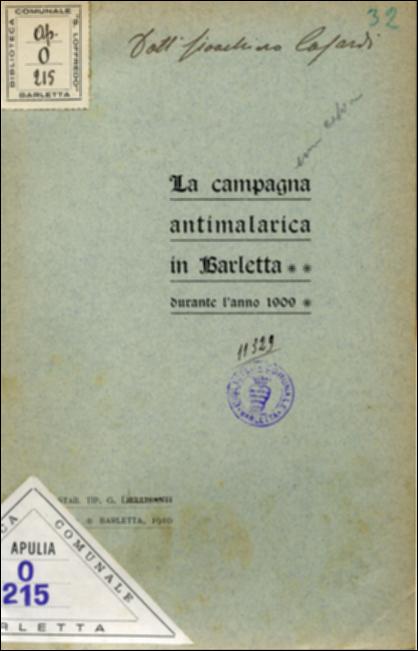 Il documento digitale riproduce l'opuscolo originale dal titolo “La campagna antimalarica in Barletta durante l'anno 1909". L'opuscolo è un resoconto informativo sull'attività svolta nel 1909 dall'ambulatorio antimalarico di Barletta. Si evidenzia, quindi, l'importante lavoro che fu fatto circa le norme di profilassi e la loro diffusione tramite fogli a stampa per aiutare la popolazione a difendersi e curarsi dalla malaria, malattia infettiva che colpì la Puglia nel primo decennio del Novecento. Dunque, una dura e seria lotta alla malaria intrapresa tra il 1905 e il 1908, che portò a notevoli risultati se si pensa che il tasso di mortalità proprio intorno al 1909 tenderà ad abbassarsi notevolmente. Il libretto originale è catalogato e conservato all'interno della Biblio...