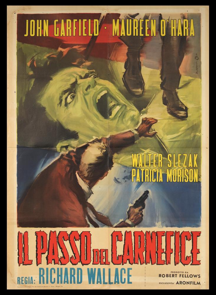 L'immagine riproduce uno dei manifesti conservati presso la Mediateca Regionale Pugliese (vedi Note). Si tratta di una delle versioni grafiche del manifesto del film "Il passo del carnefice", la cui illustrazione pittorica è a firma di Angelo Cesselon, considerato uno dei pittori di cinema più originali. Contraddistinto da uno stile fatto di un cromatismo vibrante e dinamico, nei suoi lavori per il grande schermo, Cesselon ha sempre prediletto l'uso di tocchi sfumati e leggeri, con contrasti di colore forti e contemporanei. Ma è indubbio che Cesselon fu influenzato anche da una certa tradizione pittorica veneta, che guarda ad artisti come Tiziano e Tiepolo, fino a Giovanni Boldini, soprattutto nelle composizioni diagonali. Tutta la sua produzione, anche quella più tarda...