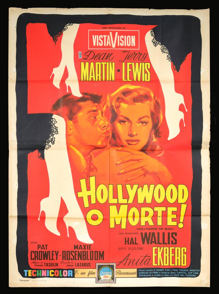L'immagine riproduce uno dei manifesti conservati presso la Mediateca Regionale Pugliese (vedi Note). Si tratta del manifesto del film "Hollywood o morte" del 1956 per la regia di Frank Tashlin. Colpisce immediatamente la grande illustrazione dallo sfondo rosso sul quale spiccano le sensuali gambe femminile, riprodotte in bianco, che sembrano penzolare dai lati. Al centro i due ritratti dei protagonisti del film, resi tono su tono, la bellissima Anita Ekberg punta i suoi occhi ammalianti direttamente verso lo spettatore, oltrepassando il limite fisico del'opera grafica....