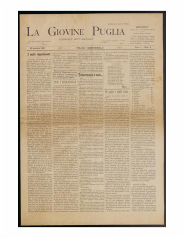Il documento è parte della collezione del fondo libri digitalizzati della Biblioteca provinciale La Magna Capitana di Foggia, comprendente alcune monografie di diversi secoli e periodici del Novecento. Nello specifico si tratta del num. 4 dell'anno I de “La Giovine Puglia. Giornale socialista settimanale". Il giornale si apre con i ringraziamenti per il favore incontrato dai lettori e dalla stampa su tutto il territorio pugliese e in molte parti d'Italia e questo incita l'idea di portare avanti, attraverso le notizie, le battaglie per la verità e la giustizia, divenendo un organo vero e sincero di tutta la democrazia pugliese. La rubrica "Scherzando e non..." a firma di Momo affronta questa volta una questione sul Teatro di Trani alludendo alle volontà di Sindaco, Giunt...