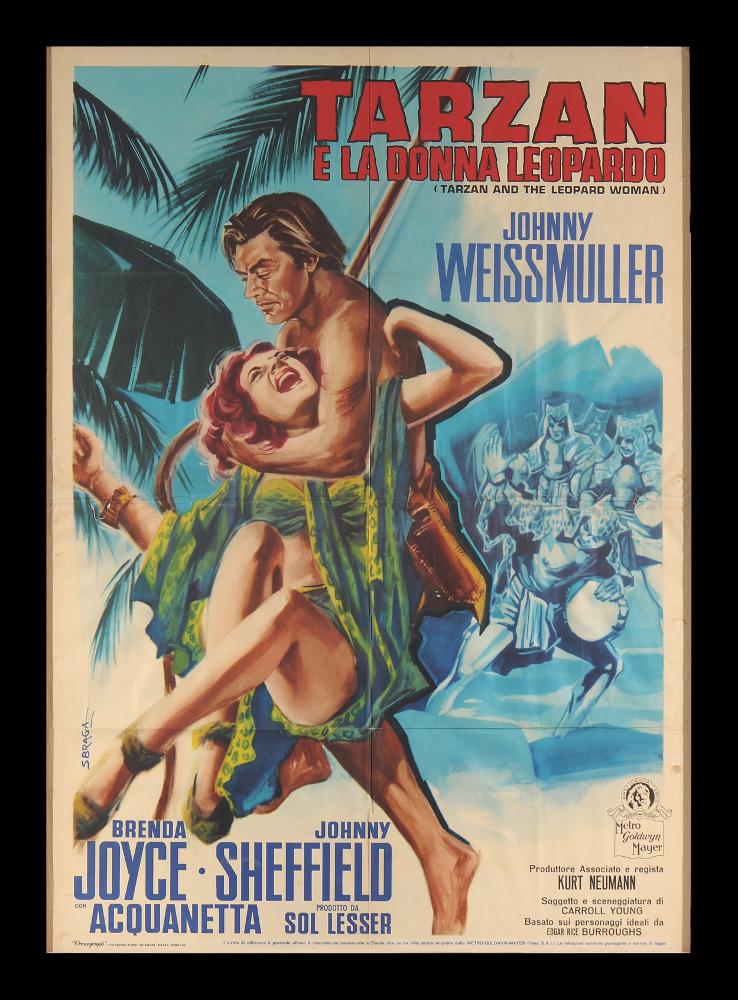 “Tarzan e la donna leopardo” (Tarzan and the Leopard Woman) è un film del 1946 diretto da Kurt Neumann, su sceneggiatura di Carroll Young ed Edgar Rice Burroughs, prodotto da Sol Lesser. Il soggetto è liberamente ispirato alle avventure di Tarzan delle Scimmie, il famoso romanzo di Edgar Rice Burroughs del 1912. Il film è il decimo dei dodici della saga di Tarzan interpretati dall'attore Johnny Weissmuller. Oltre a lui nel cast ricordiamo Brenda Joyce, Johnny Sheffield, Acquanetta.
Il manifesto cinematografico è a firma di Sbraga. Tarzan è alle prese con la donna leopardo: le figure sono definite da pennellate a colori vivaci che caratterizzano la scena fortemente dinamica.
Il manifesto originale è conservato nell’Archivio della Mediateca Regionale Pugliese....