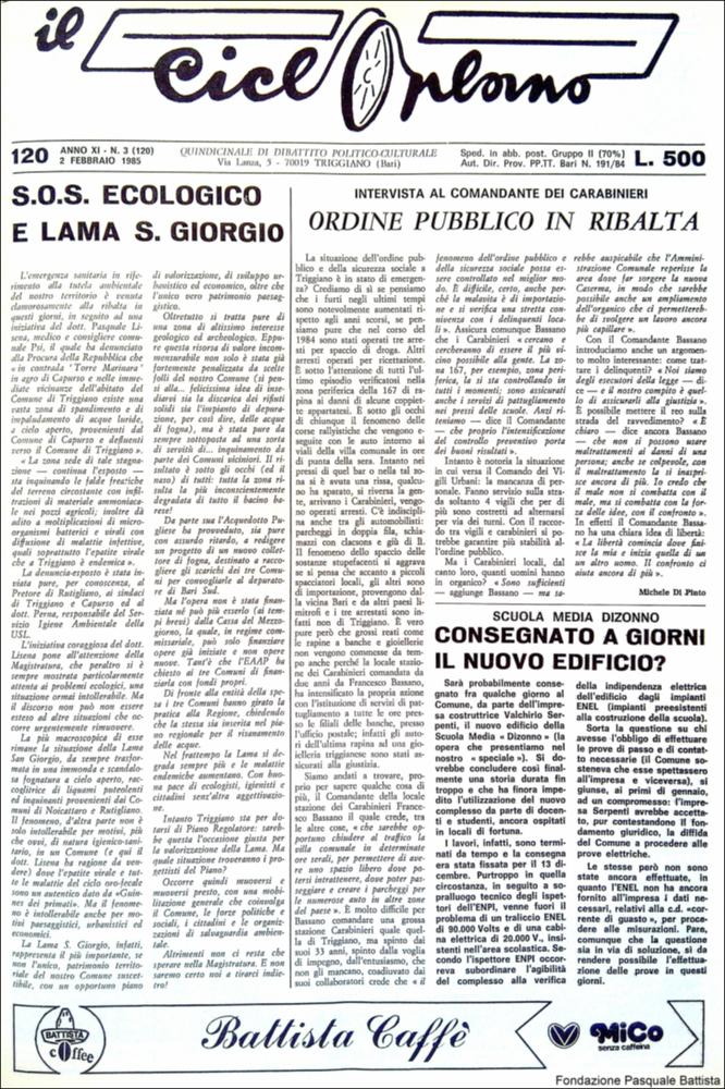 “Il Cicloplano” è un periodico della città di Triggiano (Ba), un quindicinale di dibattito politico-culturale e di cronaca locale e non solo dagli anni Settanta agli anni Ottanta.
La Fondazione Pasquale Battista si è occupata della digitalizzazione di alcuni numeri del suddetto periodico, allo scopo di conservare tale importante documentazione sulla storia di questa città.
La Fondazione, infatti, persegue la mission di incentivare la diffusione del patrimonio culturale locale e di diffondere le idee e la sensibilità dello storico Pasquale Battista, a cui la Fondazione è dedicata, per tramandare nel tempo il suo impegno sociale e la sua dedizione....
