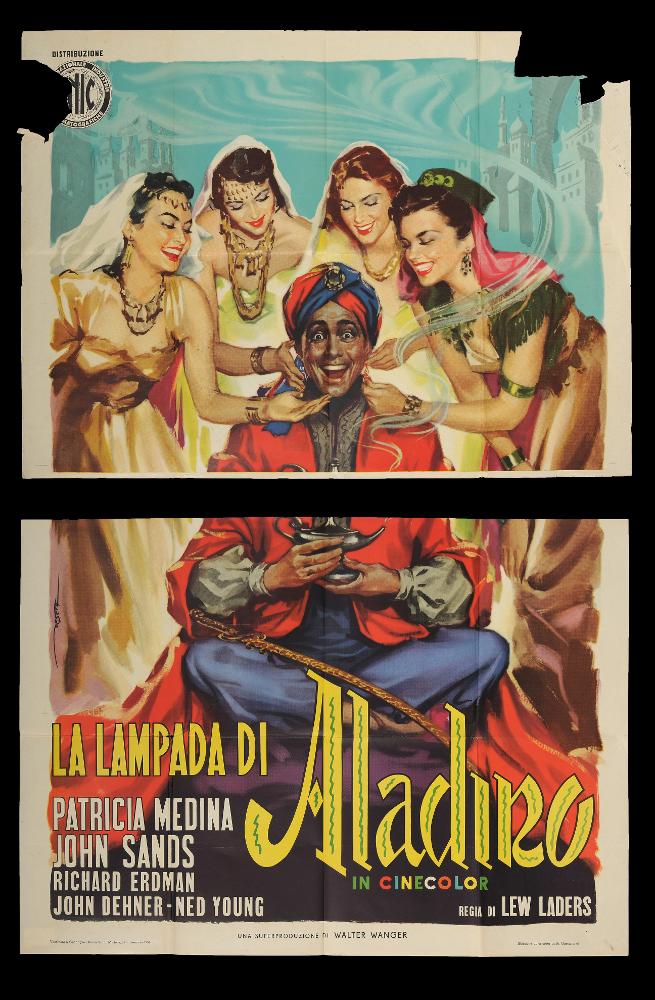 L'immagine riproduce uno dei manifesti conservati presso la Mediateca Regionale Pugliese (vedi Note). Si tratta del manifesto del film "La lampada di Aladino", a firma di Deseta (Enrico De Seta), disegnatore e pittore italiano, noto come fumettista per giornali satirico-umoristici e periodici per ragazzi e soprattutto per la sua produzione di illustrazioni cinematografiche. La vena umoristica di Deseta si rivela anche in questa composizione, in cui emerge l'aspetto fiabesco del film, incentrato sul leggendario racconto, con una pittura chiara, realistica, dalle pennellate corpose, colorate e veloci, che descrive un'unica grande scena dalla narrazione orientale (come si nota dalle architetture sullo sfondo appena accennate) e appunto, il senso della favola. Artista polie...
