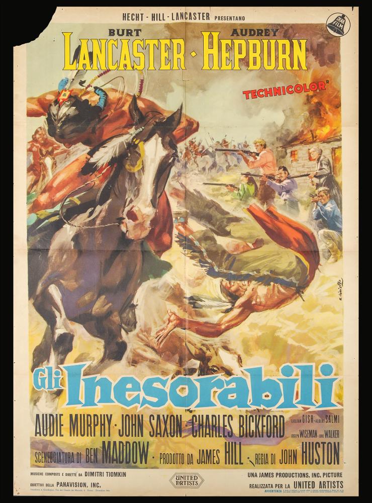 L'immagine riproduce uno dei manifesti conservati presso la Mediateca Regionale Pugliese (vedi Note). Si tratta di una delle versioni grafiche del manifesto del film western “Gli inesorabili” del 1960 per la regia di John Huston, tratto dal romanzo di Alan Le May. La firma che si legge sul lato a destra appartiene all’illustratore Averardo Ciriello (A. Ciriello) che iniziò a lavorare come pubblicitario presso l’agenzia ‘Non plus ultra’ a Milano e poi presso la ‘Ima’, la più grande agenzia di pubblicità in Italia. Il suo talento come disegnatore di arte figurativa lo porteranno anche a lavorare nel campo editoriale per numerosi giornali. Ciriello sin dagli esordi mostrò un linguaggio elaborato e uno stile pittorico colto e maturo, sia nel ritratto che nelle scene narrati...