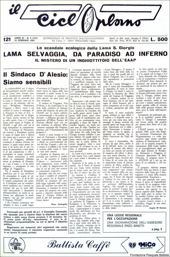 “Il Cicloplano” è un periodico della città di Triggiano (Ba), un quindicinale di dibattito politico-culturale e di cronaca locale e non solo dagli anni Settanta agli anni Ottanta.
La Fondazione Pasquale Battista si è occupata della digitalizzazione di alcuni numeri del suddetto periodico, allo scopo di conservare tale importante documentazione sulla storia di questa città.
La Fondazione, infatti, persegue la mission di incentivare la diffusione del patrimonio culturale locale e di diffondere le idee e la sensibilità dello storico Pasquale Battista, a cui la Fondazione è dedicata, per tramandare nel tempo il suo impegno sociale e la sua dedizione....