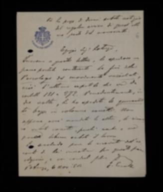 Nella lettera, Ettore Ciccotti comunica a Laterza di aver spedito il manoscritto dell'ultimo capitolo e le prime bozze corrette. Acclude alla lettera la ricevuta dell'acconto pagato dall'editore.