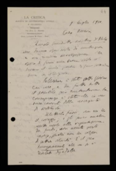 Nella lettera, Benedetto Croce scrive a Giovanni Laterza comunicando la sua ferma decisione di sostituire progressivamente Fausto Nicolini ad Achille Pellizzari nella direzione degli Scrittori d'Italia: il Pellizzari, mentre attende all'edizione del “Morgante” di Luigi Pulci, può continuare a revisionare le bozze dei volumi di Jacopo Vittorelli e Traiano Boccalini, curati rispettivamente da Attilio Simioni e Giuseppe Rua; il Nicolini si occuperà di tutti gli altri volumi. Il filosofo aggiunge alcuni suggerimenti in merito al compenso dei due studiosi e ribadisce il consiglio di disimpegnare Riccardo Zagaria e Giovanni Giusti, la cui opera non è utile alla collana; infine fornisce al Laterza l'indirizzo del Rua per la spedizione delle bozze del volume del  Boccalini.