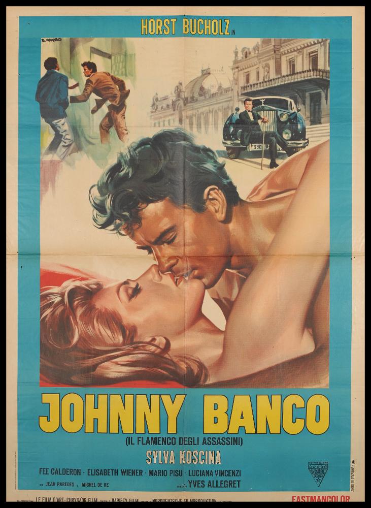 L'immagine riproduce uno dei manifesti conservati presso la Mediateca Regionale Pugliese (vedi Note). Si tratta di una delle versioni grafiche del manifesto del film "Johnny Banco". Autodidatta, tra i maggiori rappresentanti della grafica e del manifesto del secondo dopoguerra, sviluppa una grande tecnica e raffinatezza formale sugli esempi più prestigiosi di altri pittori di cinema, primo tra tutti Cesselon, alla quale mescola linguaggi compositivi più innovativi (fotografico e grafico) anche usando tecniche e strumenti diversi, come l'aerografo, che dona morbidezza e precisione alla rappresentazione di scene e personaggi. Per il film in questione, Casaro realizza una composizione di grande impatto, molto moderna, con un bellissimo e sensuale primo piano sui due attori...