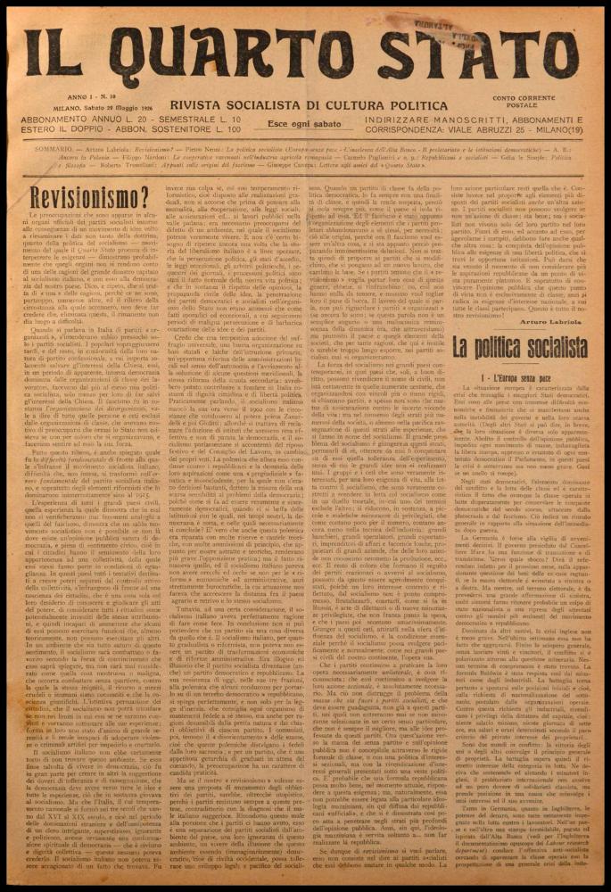 ll documento digitale è parte della collezione dell’emeroteca storica posseduta dall’Istituto pugliese per la storia dell’antifascismo e dell’Italia contemporanea di Bari (IPSAIC). Nello specifico la risorsa in oggetto riproduce il numero 10, del settimanale di attualità politica, fondato da Pietro Nenni e Carlo Rosselli, “Il Quarto Stato – Rivista socialista di cultura politica”, distribuito per un solo anno. Tra gli articoli comparsi il 29 maggio 1926 vi è una riflessione di Pietro Nenni sulla politica socialista che parte dall'analisi della situazione europea caratterizzata da una crisi economica e finanziaria, preoccupante per i maggiori Stati democratici che si trovano a fronteggiare una forte instabilità governativa. Interessante la riproposizione di alcune pagine...