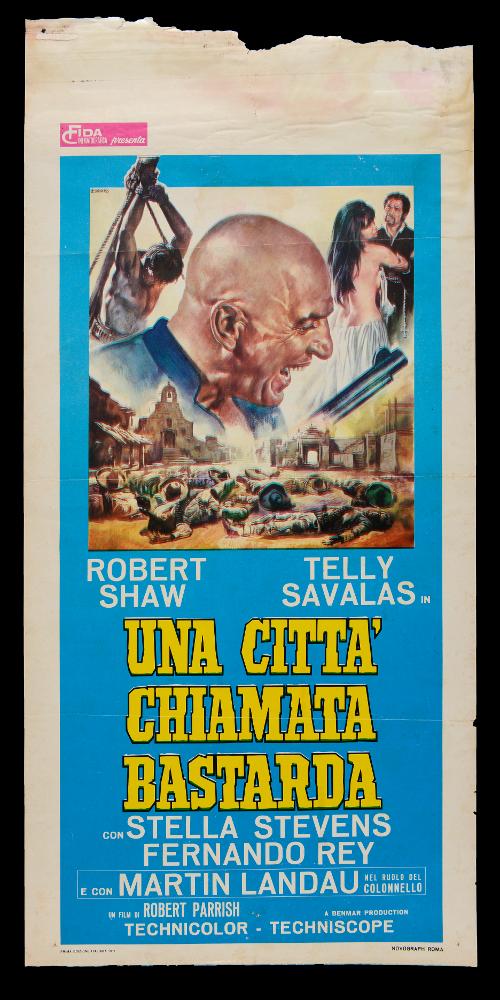 “Una città chiamata bastarda” (titolo originale “A Town Called Bastard”) è un film inglese del 1971 diretto da Robert Parrish e Irving Lerner, interpretato da Martin Landau, Telly Savalas, Stella Stevens e Fernando Rey.
La locandina cinematografica è opera del celebre pittore di cinema Renato Casaro, uno tra i maggiori rappresentanti della grafica e del manifesto. Nato a Treviso nel 1935 comincia la sua carriera artistica da autodidatta ma in breve arriva a sviluppare un proprio stile di grande eleganza e raffinatezza formale. Tecniche diverse si mescolano nel suo linguaggio innovativo che si caratterizza sia per l’uso del pennello sia per quello dell’aerografo che gli consentirà di ottenere effetti sfumati e volumetrici di grande intensità pittorica. Spesso la composiz...