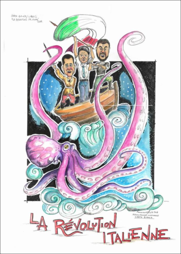 Per l’edizione 2019, “Satira e libertà” sono i temi ispiratori scelti dalla fondazione Carnevale di Putignano per la realizzazione dei carri allegorici.
Il bozzetto, realizzato dall’Associazione "Carta Bianca", vuole immortalare in una scena epica il risultato della nascita di un nuovo governo, dato dall’intesa dei partiti di M5S e Lega e dei rispettivi rappresentanti Luigi Di Maio e Matteo Salvini, con a capo il Presidente del Consiglio Giuseppe Conte.
Si parla di un’intesa unica, storica e di un governo del cambiamento, tanto da sembrare una vera e propria rivoluzione, la Révolution Italienne. La grande piovra rappresenta un’Europa che cerca di opprimere e contrastare l’Italia, i tre leader si ergono come condottieri di questo viaggio rivoluzionario su una barca in un...