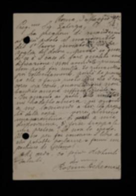 Nella cartolina, Rosina De Leonardis sollecita all'editore Laterza l'invio del manoscritto di una novella, “Su la soglia del dolore”, precedentemente inviato e chiede di avere quaranta copie del volume.