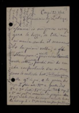 Nella cartolina, Angelo Scuppa sollecita a Laterza il reinvio del manoscritto e di alcune bozze corrette per la prima volta. Chiede che in futuro gli siano inviate le bozze di interi capitoli comprese le note.