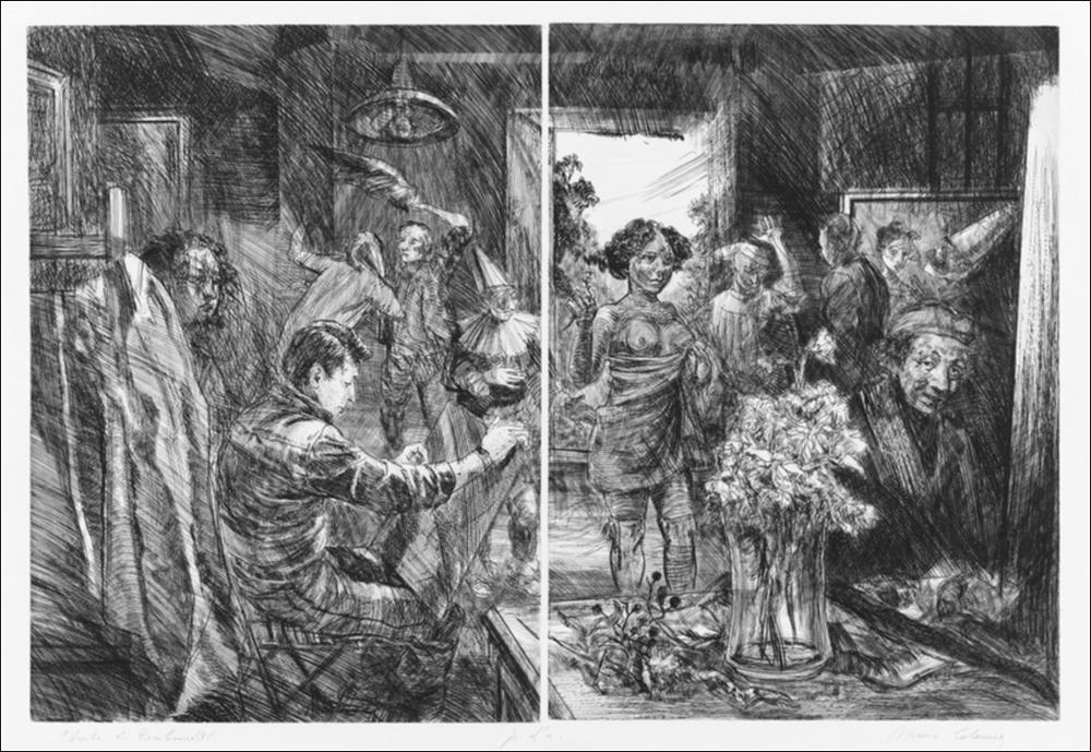 L'immagine è la riproduzione fotografica dell'opera “Visita di Rembrandt” realizzata dall'artista barese Mario Colonna, figlio e nipote dei pittori Umberto e Nicola ai quali deve la sua prima formazione. Non meno importante sarà il legame con il maestro Raffaele Spizzico, docente del corso di Decorazione dell'Accademia di Belle Arti di Lecce a cui Colonna si iscriverà nel 1964. Sarà proprio Spizzico a trasmettergli la passione per il colore, componente, quest'ultima, che tuttavia Colonna non considererà del tutto fondamentale. Docente di Tecniche dell'incisione presso l'Accademia di Belle Arti di Bari nonché direttore della stessa dal 1981 al 2005, Mario Colonna, noto come incisore, pittore, scultore e decoratore, oggi è da considerarsi tra gli artisti più completi nel ...
