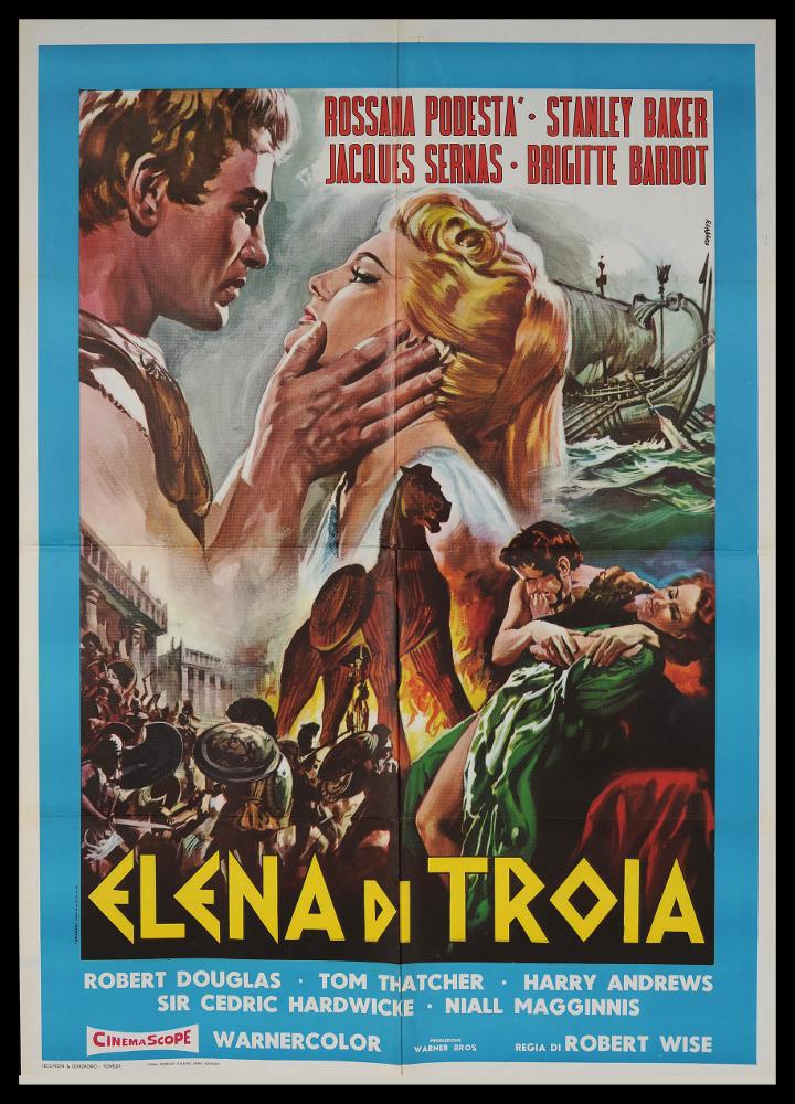 L'immagine riproduce uno dei manifesti conservati presso la Mediateca Regionale Pugliese (vedi Note). Si tratta di una delle versioni grafiche del manifesto del film “Elena di Troia” a firma di Renato Casaro, tra i maggiori rappresentanti della grafica e del manifesto del secondo dopoguerra, che utilizzava ai suoi esordi la firma "C. Renè", prima della ben più nota R. Casaro. Per le sue opere si ispirò ai più affermati artisti ed illustratori di cinema, come Angelo Cesselon, il primo pittore ad utilizzare, per i manifesti cinematografici, un nuovo linguaggio che dà maggiore importanza ad una grande scena, ad un ritratto per raccontare una storia. Casaro è noto per essere stato un autodidatta che riuscì tuttavia ad acquisire competenze e abilità riconoscibili, come l’uso...