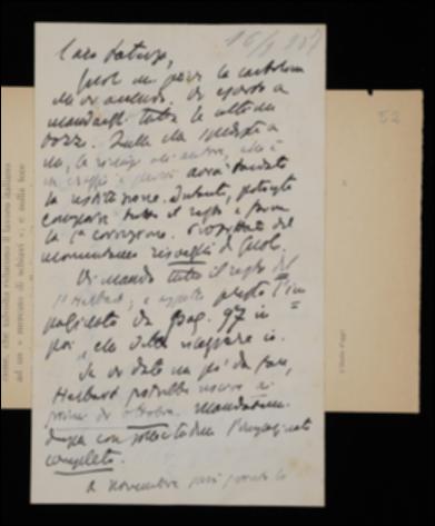 Nella lettera, Benedetto Croce esorta Laterza a spedire le rimanenti bozze del volume di Karl Vossler al curatore Tommaso Gnoli, del quale allega la cartolina di sollecito. Annuncia poi di aver inviato bozze del volume di Johann F. Herbart e ne richiede altre. Conclude la lettera informando l'editore che Karl Federn a breve manderà il manoscritto del proprio volume alla sua casa editrice e auspicando che il suo periodico sia pronto per la distribuzione.
