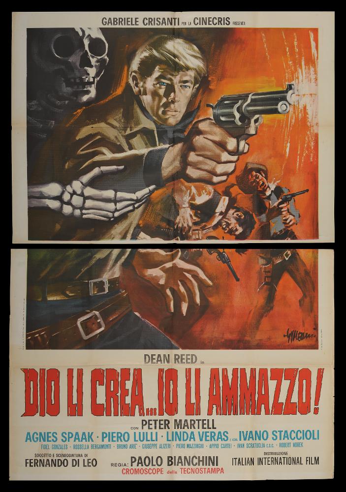 L'immagine riproduce uno dei manifesti conservati presso la Mediateca Regionale Pugliese (vedi Note). Si tratta di una delle versioni grafiche del manifesto del film “Dio li crea..io li ammazzo!” del 1967 per la regia di Paolo Bianchini. La firma che si legge in basso a destra è dell’illustratore di Sandro Symeoni (Symeoni), noto pittore ferrarese tra i più prolifici disegnatori di cinema, riconoscibile per l’uso di un linguaggio dalle molteplici sfaccettature, mutevoli negli anni. Si distinse per una grande pittoricità, un gusto originale basato sulla bellezza formale, soprattutto femminile, e più tardi per composizioni moderne basate su ritmi spezzati e drammatici. Per rappresentare la cruda tematica del film, Symeoni utilizza uno sfondo rosso/arancione che rende l’id...