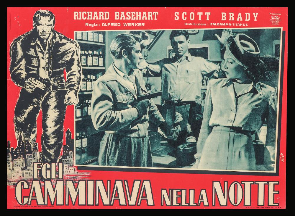 “Egli camminava nella notte” (titolo originale “He Walked by Night”) è un film del 1948 diretto da Alfred L. Werker.
È un thriller poliziesco a sfondo noir statunitense con Richard Basehart, Scott Brady, Roy Roberts, Whit Bissell, James Cardwell e Jack Webb. È basato sulle gesta di Erwin Walker, soprannominato "Machine Gun", ex veterano della Seconda guerra mondiale ed ex dipendente del Dipartimento di polizia di Los Angeles che si rese protagonista di diversi atti criminali tra il 1945 e il 1946.
La fotobusta cinematografica è firmata da Mico, pittore sconosciuto che firmò diversi manifesti. L'approccio stilistico adottato per le fotobuste è illustrativo, come vediamo nelle composizioni basate su un collage di fotografie di scena che raccolgono i momenti più significat...