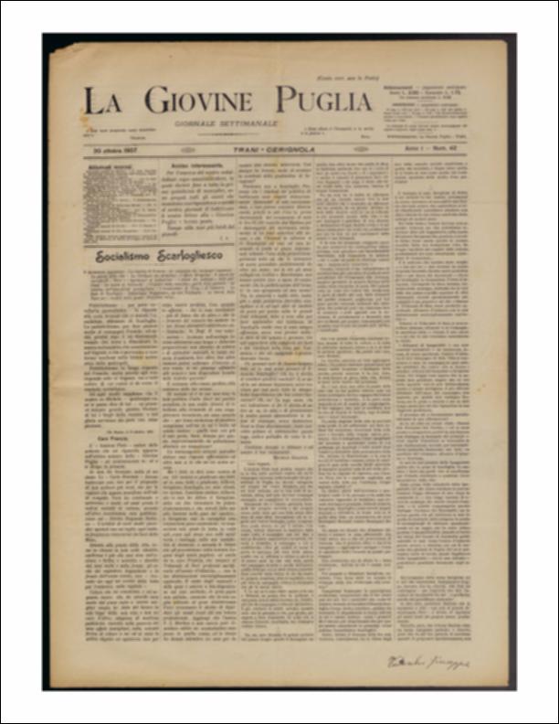 Il documento è parte della collezione del fondo libri digitalizzati della Biblioteca provinciale La Magna Capitana di Foggia, comprendente alcune monografie di diversi secoli e periodici del Novecento. Nello specifico si tratta del num. 42 dell'anno I de “La Giovine Puglia. Giornale socialista settimanale” del 20 ottobre 1907. In prima e seconda pagina è riportato uno scambio epistolare fra Michele Gigante e Giacinto Francia; segue in terza pagina un articolo, firmato Topino, in "Cronache teatrali" sul successo del dramma in quattro atti "La piccola fonte" di Roberto Bracco, portato in scena dalla Compagnia Ambrosioni. Nella "Cronaca di Trani" interessante il riferimento al bozzetto dello scultore Ettore Ferrari, autore del Giordano Bruno in Campo dei Fiori a Roma, per ...