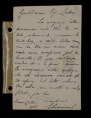 Nella cartolina, Cino Chiarini ringrazia l'editore per l'invio del saldo del compenso pattuito e per la promessa di invio di 20 copie del volume.