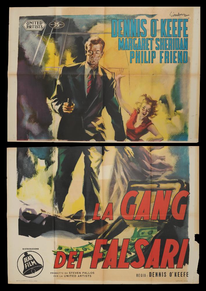 L'immagine riproduce uno dei manifesti conservati presso la Mediateca Regionale Pugliese (vedi Note). Si tratta di una delle versioni grafiche del manifesto del film "La gang dei falsari", a firma dell’illustratore Nicola Simbari (Simbari). Pittore di fama internazionale, seppe distinguersi per la «freschezza del suo tratto e la velocità di modellato» (Baroni, 2018). Le sue opere infatti si riconoscono subito per l'uso vitale ed espressivo del colore. Per il manifesto in oggetto l'artista concepisce una composizione dove il linguaggio figurativo si mescola al colore, fatto di contrasti cromatici e sfumature vaporose, per un risultato coraggioso dagli effetti scenici molto accattivanti. Il manifesto originale è conservato in due parti, come si evince dalla riproduzione d...