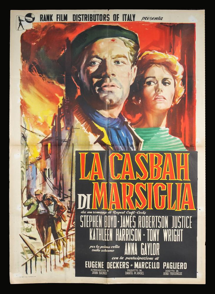 “La casbah di Marsiglia” (titolo originale “Seven Thunders”) è un film del 1957 diretto da Hugo Fregonese, su sceneggiatura scritta da John Baines e Rupert Croft-Cooke.
Tra gli interpreti principali ricordiamo Stephen Boyd, James Robertson Justice, Kathleen Harrison e Toni Right e per la prima volta sullo schermo Anna Gaylor.
Il manifesto cinematografico non presenta firma dell’autore. 
Lo stile denota elevata raffinatezza formale e presenta un linguaggio figurativo in cui sembrano mescolarsi tecniche diverse.  L’uso del pennello si coglie negli effetti sfumati e volumetrici di grande intensità pittorica. La composizione si focalizza in particolare sul ritratto estremamente dettagliato delle due figure principali in cui si concentra la sintesi concettuale del film.
Il m...