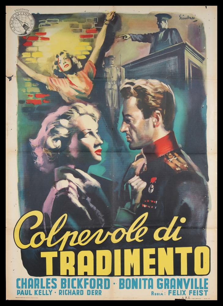 L'immagine riproduce uno dei manifesti conservati presso la Mediateca Regionale Pugliese (vedi Note). Si tratta di una delle versioni grafiche del manifesto del film "Colpevole di tradimento", a firma dell’illustratore Nicola Simbari (Simbari), di cui si conserva anche il manifesto 200x140 cm. Pittore di fama internazionale, seppe distinguersi per la «freschezza del suo tratto e la velocità di modellato» (Baroni, 2018). Le sue opere infatti si riconoscono subito per l'uso virtuoso ed espressivo del colore. Per "Colpevole di tradimento", Simbari concepisce una composizione dove i colori netti, il giallo, il rosso e i lilla contrastano con il nero, creando insoliti giochi di luci e ombre, molto moderni. La dinamicità delle forme si fa espressione della drammaticità della ...