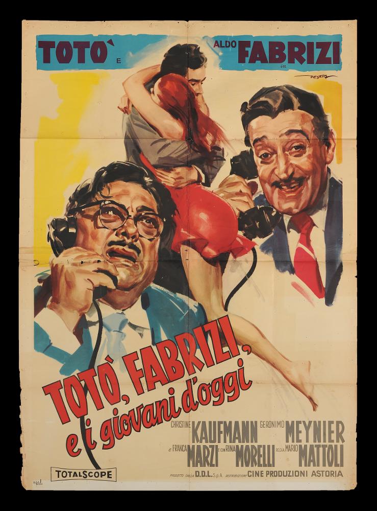 L'immagine riproduce uno dei manifesti conservati presso la Mediateca Regionale Pugliese (vedi Note). Si tratta del manifesto del film "Totò, Fabrizi e i giovani d'oggi", a firma di Deseta (Enrico De Seta), disegnatore e pittore italiano, noto come fumettista per giornali satirico-umoristici e periodici per ragazzi e soprattutto per la sua produzione di illustrazioni cinematografiche. La sua vena umoristica seppe caratterizzare molte sue opere, ma Deseta ne realizzò anche per film drammatici o western. La composizione in oggetto si caratterizza per una pittura fatta di pennellate fluide e larghe, una rappresentazione molto realistica e comunicativa, dovuta anche all'uso delle molteplici tonalità di colore scelte. Lo spazio, dal fondo neutro bianco e giallo, è occupato p...
