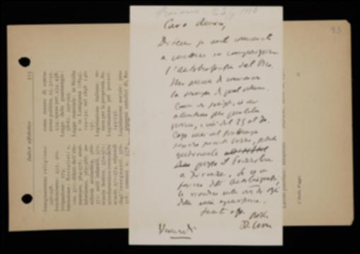 Nella cartolina, Benedetto Croce sollecita Giovanni Laterza a far cominciare la composizione del volume di Giambattista Vico da lui curato e lo prega di spedirgli eventualmente le bozze presso Giuseppe Prezzolini, se ce ne saranno di pronte durante il suo soggiorno a Firenze.