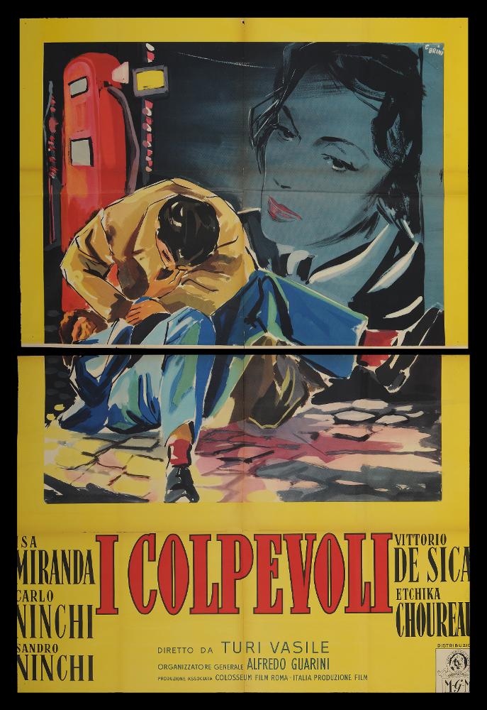 L'immagine riproduce uno dei manifesti conservati presso la Mediateca Regionale Pugliese (vedi Note). Si tratta di una delle versioni grafiche del manifesto del film “I colpevoli” del 1957 per la regia di Turi Vasile. Il manifesto è firmato da Ercole Brini (E. Brini), maestro romano dal linguaggio delicato, riconoscibili per l'uso degli acquerelli che rendono le figure e le ambientazioni rappresentate come impalpabili e cariche di fascino. In questo bellissimo manifesto sembrano riecheggiare echi del linguaggio picassiano, soprattutto se ci si sofferma sull’osservazione dei due personaggi maschili in primo piano. In uno scenario notturno, illuminato da luce artificiale prodotta, presumibilmente da lampioni, i due corpi affiancati si fondono l’uno nell’altro anche grazie...