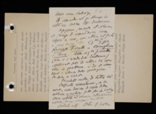 Nella lettera, Benedetto Croce sollecita Giovanni Laterza a inviargli le bozze del volume di Vittorio Imbriani e, non appena pronto, lo invita a spedirne copia all'erede Gigia Rosnati Fioretti. Il volume, curato dallo stesso Croce, raccoglie insieme gli scritti e gli interventi dello scrittore napoletano, sparsi in riviste, giornali ed opuscoli vari. Croce conclude chiedendo all'editore di inviargli copie delle ultime circolari de "La Critica" per inviarle a editori esteri.