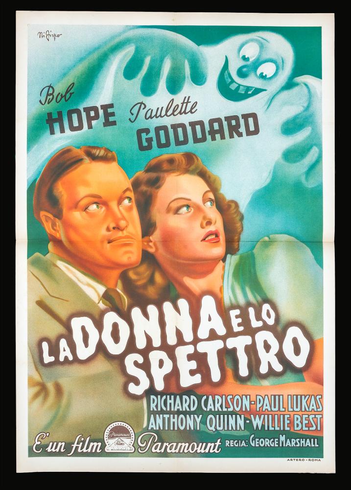 “La donna e lo spettro” (titolo originale “The Ghost Breakers”) è un film del 1940 diretto da George Marshall.

È una commedia horror statunitense con Bob Hope, Paulette Goddard e Richard Carlson, basata sulla commedia teatrale del 1909 “The Ghost Breaker” di Paul Dickey e Charles W. Goddard.
Il manifesto cinematografico è a firma di Nicola Firpo, pittore ligure nato nel 1911 a Genova. Con buona probabilità autodidatta, Firpo predilesse una pittura di paesaggio ma, grazie al suo talento, fu capace di realizzare opere anche estremamente eterogenee.
Emerge, pertanto, una personalità di spicco e un’abilità innegabile nello stile di questo manifesto, nella scelta dei colori e nella sinuosità delle forme che denotano un gusto fumettistico molto moderno.
Il manifesto original...