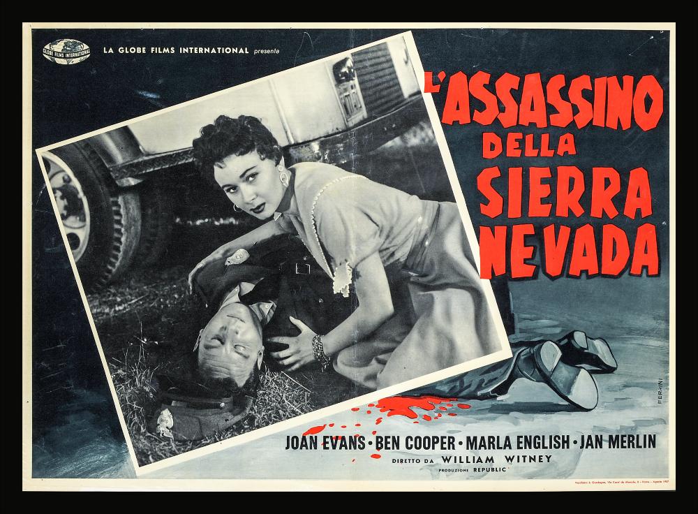 “L'assassino della Sierra Nevada” (titolo originale “A Strange Adventure”) è un film poliziesco del 1956 diretto da William Witney, su sceneggiatura di Houston Branch.
Tra gli interpreti ricordiamo Joan Evans, Ben Cooper e Marla English.
La fotobusta cinematografica è firmata dal grafico e illustratore Renato Ferrini. 
La sua grafica è molto minimale: al centro una foto di scena in bianco nero e, a cornice, una parte disegnata con pochi colori come il nero, il rosso, e il grigio. Sulla destra dell’immagine il titolo del film a grandi caratteri rossi proprio ad accentuare il contrasto cromatico col fondo scuro.
La fotobusta originale è conservata nell’Archivio della Mediateca Regionale Pugliese....