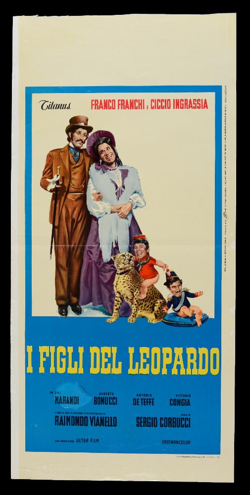 “I figli del leopardo” è un film del 1965 diretto da Sergio Corbucci, parodia del film “Il Gattopardo” di Luchino Visconti. Tra gli interpreti principali Franco Franchi e Ciccio Ingrassia, Evi Marandi, Alberto Bonucci, Antonio De Teffè, Vittorio Congia, Raimondo Vianello.
La locandina cinematografica non reca firma dell’autore. La composizione è vivace e divertente, su sfondo bianco si stagliano le figure dei protagonisti resi con grande maestria ritrattistica. Colori vivaci e tratti decisi caratterizzano uno stile caricaturale di forte impatto narrativo.
La locandina originale è conservata nell’Archivio della Mediateca Regionale Pugliese....