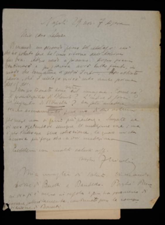 Inviando a Giovanni Laterza una parte del manoscritto per l'indice de “La Critica” e alcune bozze del volumi di Matteo Bandello e Giuseppe Baretti, Fausto Nicolini sollecita la spedizione di bozze dei volumi di Luigi Blanch, Carlo Gozzi e Jacopo Vittorelli; in particolare lo esorta a riprendere con regolarità la composizione del volume di Baretti, giacché il curatore Luigi Piccioni si impegna a lavorare con maggior sollecitudine.