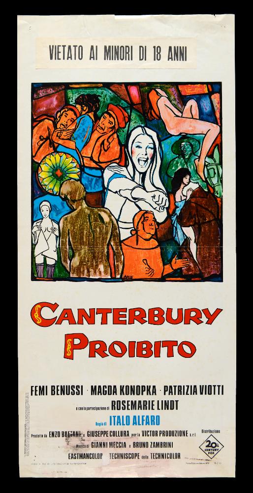 “Canterbury proibito” è un film del 1972 diretto da Italo Alfaro, su sceneggiatura scritta insieme a Enzo Boetani. Nel cast ricordiamo Femi Benussi, Magda Konopka, Patrizia Viotti, Rosemarie Lindt.

La locandina cinematografica è opera del celebre pittore di cinema Tino Avelli, nato a Tripoli nel 1938 e poi trasferitosi a Roma. Le sue opere rivelano il gusto per la grafica e la passione per l’acquerello che conferisce alle figure una trama leggera e delicata. Avelli è un artista capace di raccontare dramma e commedia con profonda raffinatezza. Per la realizzazione di questa locandina Avelli predilige uno stile grafico molto particolare che fa pensare a una vetrata istoriata: linee nere delineano nettamente le figure e campiture di colori vivaci riempiono gli spazi. La c...