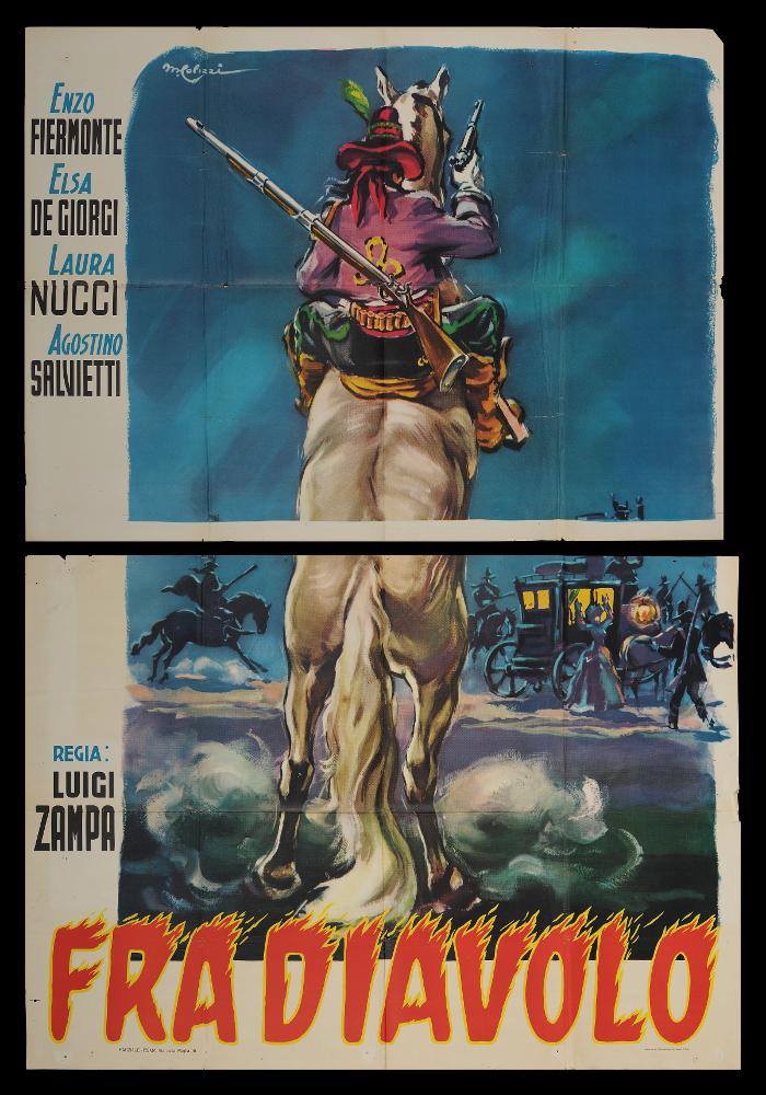 L'immagine riproduce uno dei manifesti conservati presso la Mediateca Regionale Pugliese (vedi Note). Si tratta, nello specifico di una delle versioni grafiche del manifesto del film in bianco e nero “Fra Diavolo”, del 1943 per la regia di Luigi Zampa. L’illustratore del manifesto è M. Colizzi (Marcello Colizzi) come si evince dalla firma in corsivo, presente in alto a sinistra. Tra i maggiori rappresentanti dei cartellonisti italiani del cinema, Colizzi vanta un repertorio di circa 300 manifesti per il cinema nazionale ed internazionale, a firma sia personale che sotto lo studio professionale d’arte e di fotografia di Ercole Brini. Figlio d’arte, ricordiamo il padre Gioacchino Colizzi (Attalo) tra i fondatori del giornale umoristico romano degli anni cinquanta Il Marc’...