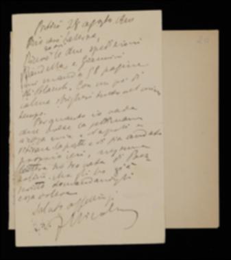 Accusata ricezione delle bozze del volume di Matteo Bandello spedite da Giovanni Laterza e di quelle del volume di Luigi Blanch spedite da Amedeo Giannini, Fausto Nicolini nella cartolina assicura all'editore barese che sbrigherà il lavoro in poco tempo. Aggiunge di non aver ancora ricevuto nessuna lettera da parte di Giuseppe Prezzolini ma di avergli comunque scritto sollecitando una risposta.