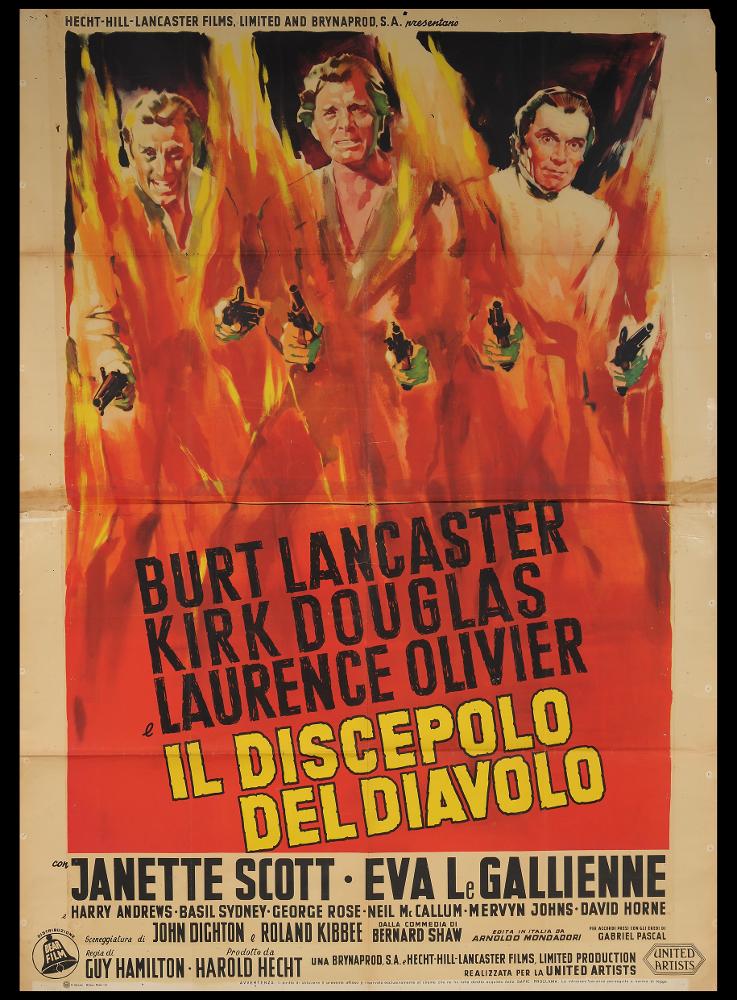 L'immagine riproduce uno dei manifesti conservati presso la Mediateca Regionale Pugliese (vedi Note). Si tratta di una delle versioni grafiche del manifesto del film inglese “Il discepolo del diavolo”, di cui si può consultare in collezione anche l'altra versione a firma del pittore Olivetti. L'opera in oggetto è priva di firma, ma si può ammirare una composizione pittorica notevole e imponente. Colpisce per l'uso dei colori caldi, i rossi e i gialli, che simulano le fiamme dell'inferno, dalle quali emergono Burt Lancaster, Kirk Douglas e Laurence Olivier insieme ai loro nomi riportati sulla locandina in primissimo piano, per un risultato dal forte impatto scenografico. La scelta compositiva, le pennellate vivide, le tonalità accese e i ritratti riprendono del tutto il ...