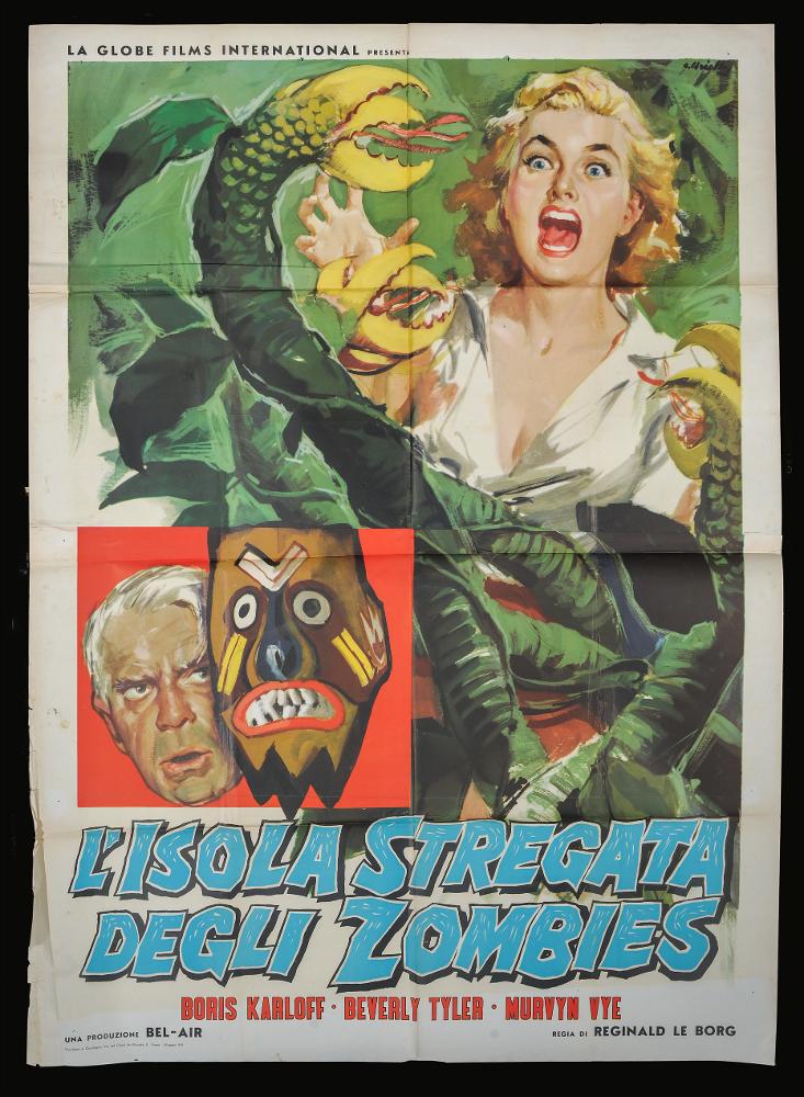 L'immagine riproduce uno dei manifesti conservati presso la Mediateca Regionale Pugliese (vedi Note). Si tratta del manifesto del film "L'isola stregata degli zombies" del 1957 per la regia di Reginald Le Borg. La firma che si legge sul lato a destra appartiene all’illustratore Averardo Ciriello (A. Ciriello) che iniziò a lavorare come pubblicitario presso l’agenzia ‘Non plus ultra’ a Milano e poi presso la ‘Ima’, la più grande agenzia di pubblicità in Italia. Il suo talento come disegnatore di arte figurativa lo porteranno anche a lavorare nel campo editoriale per numerosi giornali. Ciriello sin dagli esordi mostrò un linguaggio elaborato e uno stile pittorico colto e maturo, sia nel ritratto che nelle scene narrative come si può ben notare in questa opera. Colpisce il...