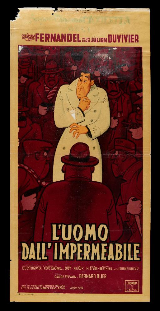 “L'uomo dall'impermeabile” (titolo originale “L'homme à l'imperméable”) è un film del 1957 diretto da Julien Duvivier, tratto dal romanzo Tiger by the Tail di James Hadley Chase. La sceneggiatura è firmata da René Barjavel, James Hadley Chase e Julien Duvivier. Nel cast ricordiamo Fernandel, Jacques Duby, Jean Rigaux, Judith Magre.
La locandina cinematografica è opera di Giuliano Nistri, celebre illustratore e pittore di cinema, nato a Roma nel 1929. Per la composizione di questa immagine Nistri adotta uno stile decisamente fumettistico. Lo sfondo, caratterizzato da un color magenta scuro, è popolato da figure sinistre, tutte armate, che accerchiano il protagonista. Al centro dell’immagine, infatti, vediamo l’uomo dall’impermeabile, che spicca rispetto alle altre figure...
