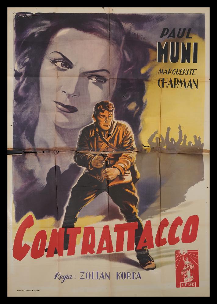 L'immagine riproduce uno dei manifesti conservati presso la Mediateca Regionale Pugliese (vedi Note). Si tratta del manifesto del film "Contrattacco", a firma dello sconosciuto G. F.. L'artista concepisce una composizione piuttosto tradizionale, che si inserisce ancora nel cosiddetto "primo stile" della pittura di cinema, sviluppato a partire degli anni Trenta. Il linguaggio, seppur narrativo, è "oleografico", le tinte sono luminescenti, monocromatiche (soprattutto sui due personaggi raffigurati) per un effetto grafico irreale e molto suggestivo, fatto di pochi e significativi dettagli, come si nota con la scena corale appena accennata su uno sfondo anch'esso piuttosto astratto....