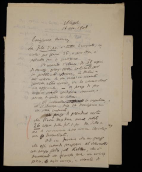 Nella lettera, Benedetto Croce comunica a Laterza di aver licenziato per la stampa il proprio volume di filosofia della pratica e ne sollecita la pronta distribuzione; a tal fine allega un elenco di indirizzi per le spedizioni in omaggio. In merito poi alla pubblicazione del volume “Moderni problemi del diritto” di Josef Kohler, Croce riferisce le richieste del prefatore Luigi Ferrara di avere alcuni estratti della prefazione e di aumentare il compenso al traduttore. Inoltre sollecita l'editore a procurarsi un prospetto dell'opera “Introduzione al corso di Economia Politica” di Tullio Martello al fine di poterla valutare per la pubblicazione.