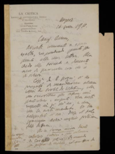 Dopo aver rinnovato il sollecito a spedirgli alcune copie del suo volume di saggi di estetica, Benedetto Croce risponde a Giovanni Laterza in merito al volume di Giambattista Vico, fornendo una prova dei caratteri della tipografia Giannini, e in merito a quello di Francesco Fiorentino, rammentando il compenso promesso alla figlia L. Fiorentino per la copia del manoscritto, in possesso di Giovanni Gentile. Riguardo poi la nuova collana degli scrittori d'Italia, il Croce, sconsigliando di investire troppo in circolari pubblicitarie di lusso, prega l'editore barese di occuparsi quanto prima della carta per la copertina dei volumi, della quale indica il progetto, esortandolo a scrivere ad Achille Pellizzari che sarebbe inopportuno apporvi anche il suo nome; inoltre Croce, r...