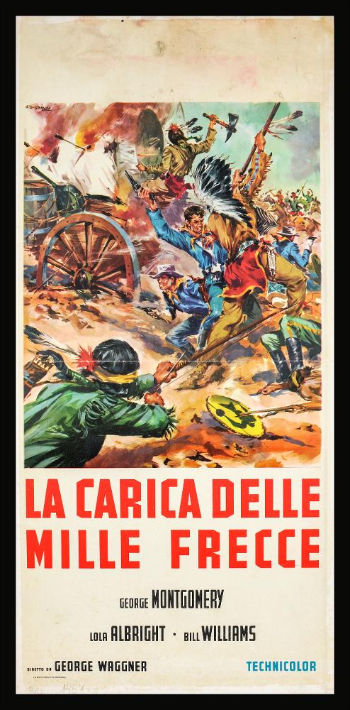 L'immagine riproduce uno dei manifesti conservati presso la Mediateca Regionale Pugliese (vedi Note). Si tratta della versione grafica per la locandina del film americano “La carica delle mille frecce”. L'opera è a firma è dell’illustratore G. Di Stefano, autore narrativo vicino ad altri interpreti della pittura di cinema dell'epoca. L'impianto grafico infatti mostra una pittura tradizionale e degna di nota. Nonostante lo spazio ridotto Di Stefano realizza una composizione ricchissima di dettagli che rende, con la scena di battaglia, l'ambientazione western. Tutta l'opera è ricchissima di sfumature cromatiche e realismo descrittivo....