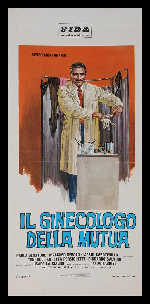 L'immagine riproduce uno dei manifesti conservati presso la Mediateca Regionale Pugliese (vedi Note). Ciriello firma l'illustrazione per la locandina de "Il ginecologo della mutua", commedia italiana molto leggera degli anni '70. Predilige anche qui le tonalità calde e accese del rosso per lo sfondo, realizzando una composizione semplice e d'impatto con protagonista l'attore Montagnani, che con sorriso malizioso interpreta il ruolo del ginecologo, pronto per le sue visite. L'illustratore e vignettista italiano si ricorda come tra i più importanti disegnatori per manifesti del cinema italiano. Iniziò a lavorare come pubblicitario presso l’agenzia Non plus ultra a Milano e poi presso la Ima, la più grande agenzia di pubblicità in Italia. Il suo talento come disegnatore di...