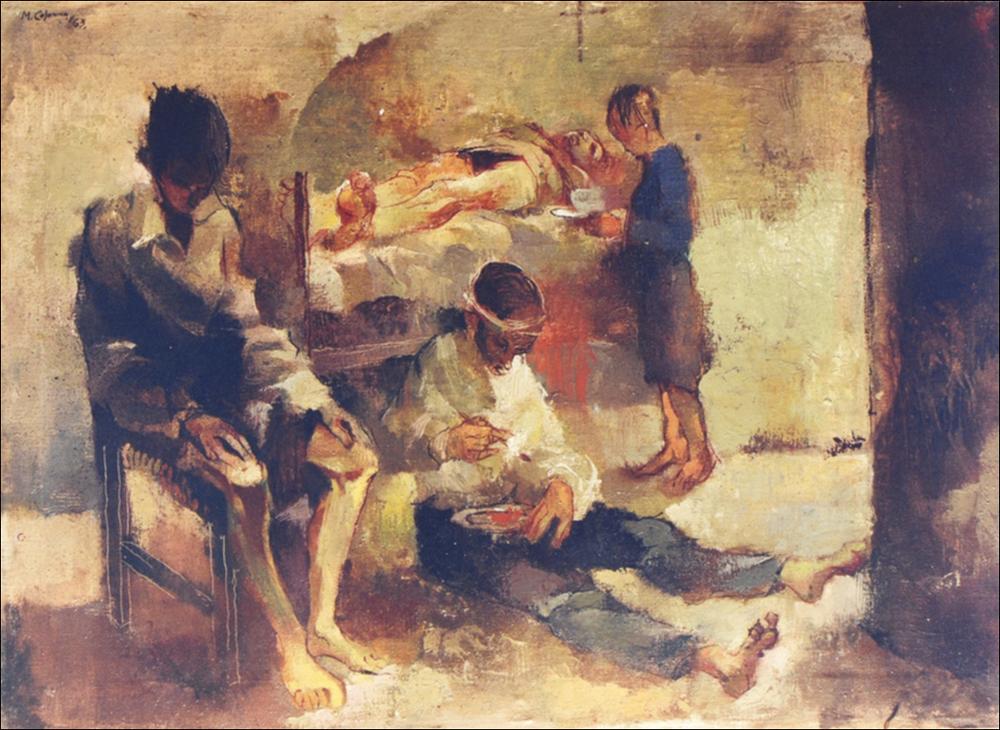 L'immagine è la riproduzione fotografica dell'opera “Le Opere di Misericordia”, realizzata dall'artista barese Mario Colonna, figlio e nipote dei pittori Umberto e Nicola ai quali deve la sua prima formazione. Non meno importante sarà il legame con il maestro Raffaele Spizzico, docente del corso di Decorazione dell'Accademia di Belle Arti di Lecce a cui Colonna si iscriverà nel 1964. Sarà proprio Spizzico a trasmettergli la passione per il colore, componente, quest'ultima, che tuttavia Colonna non considererà del tutto fondamentale. Docente di Tecniche dell'incisione presso l'Accademia di Belle Arti di Bari nonché direttore della stessa dal 1981 al 2005, Mario Colonna, noto come incisore, pittore, scultore e decoratore, oggi è da considerarsi tra gli artisti più complet...