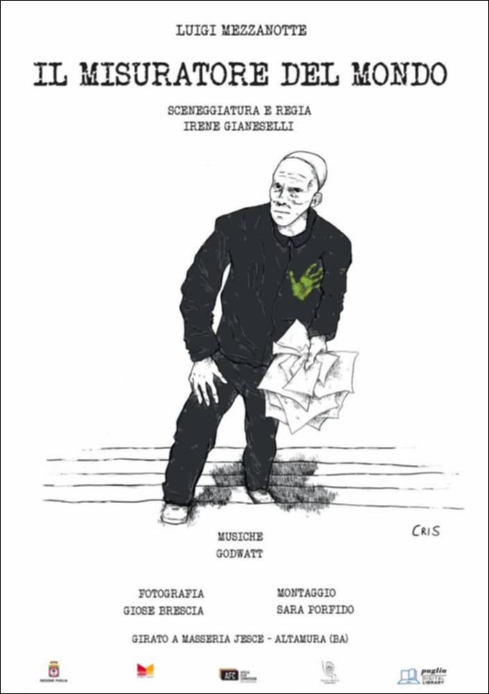 L'immagine riproduce la locandina del cortometraggio “Il Misuratore del Mondo”, opera della regista Irene Gianeselli, girato presso la Masseria Jesce di Altamura (2021). 
L’illustrazione è a firma dell’illustratrice Cris (Cristiana Berardini) che con un tratto semplice ritrae il protagonista e unico attore Luigi Mezzanotte, con i suoi elementi caratteristici: la tuta scura con l'impronta gialla sul petto e il copricapo artigianale, dettagli che uniscono lo straniero moderno che viene dal mare e "l'ebreo errante" della filosofia kafkiana. 
Con questo cortometraggio, la giovane regista pugliese Irene Gianeselli ci fa entrare in una nuova dimensione kafkiana, segnata dalle atmosfere mediterranee e rurali della masseria Jesce di Altamura che accoglie una struttura narrativa...