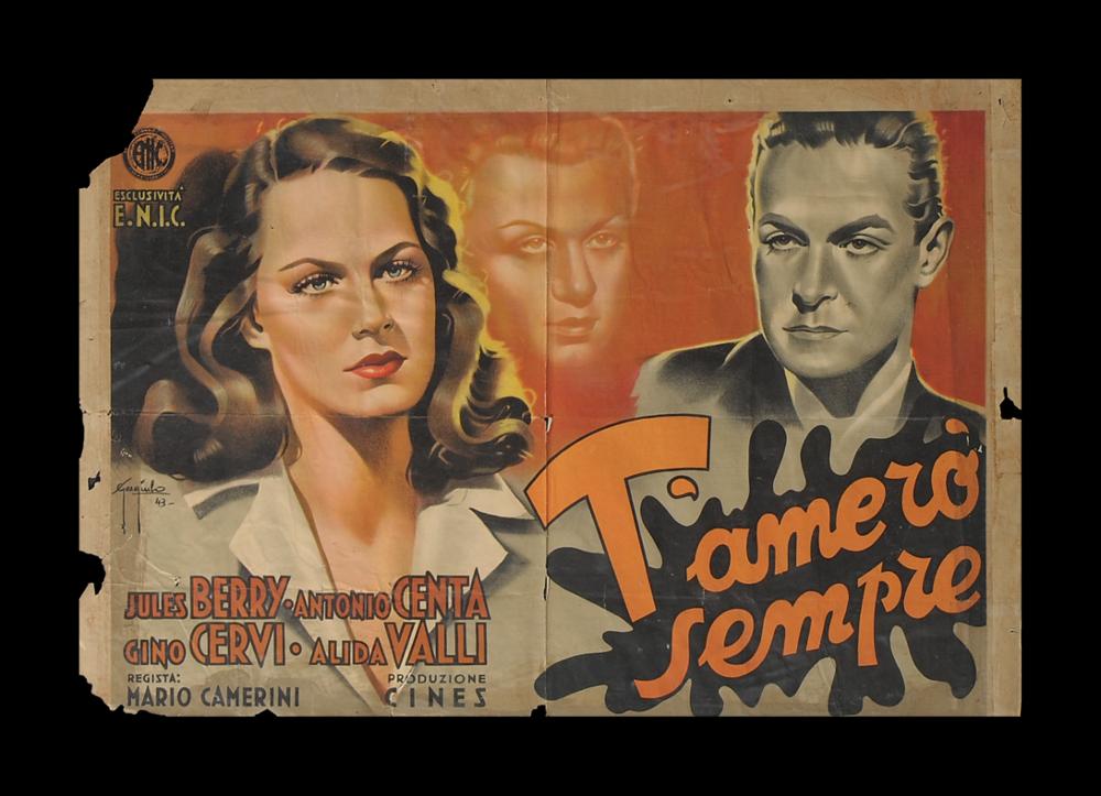 Si presenta come un piccolo manifesto, date le modeste dimensioni, realizzato dell'artista Sergio Gargiulo, la cui firma è ben visibile con un riferimento all'anno di realizzazione che coincide con l'anno di uscita del film. Caratterizzato dagli splendidi ritratti dei protagonisti: Alida Valli e Gino Cervi. Con questo impianto narrativo realizzato negli anni '40, Gargiulo si pone tra il primo e secondo stile della cosiddetta pittura di cinema: l'uso di tinte cangianti e luminose con effetti non realistici, i volti in primo piano ritratti in monocromo, lo sfondo narrativo che accenna alla storia sono alcune delle caratteristiche di questa bella opera. Il film è stato girato negli stabilimenti di Cinecittà. La pellicola è il remake (con pochissime modifiche alla sceneggia...
