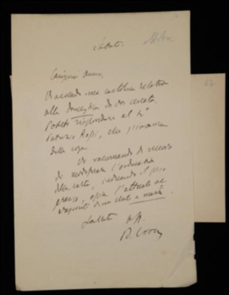 Andando incontro a Giovanni Laterza nella ricerca di una domestica, Benedetto Croce gli allega una cartolina e gli fornisce un indirizzo. Ancora una volta il filosofo ribadisce all'editore la necessità di indicare chiaramente nell'ordinativo della carta per “La Critica” le caratteristiche desiderate.